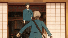 two anime characters are shaking hands in front of a sliding glass door