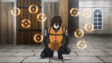 a man in a yellow and black outfit is kneeling down