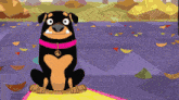 a cartoon dog wearing a pink collar and a peace sign around its neck