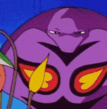 a cartoon drawing of a purple monster with red eyes and yellow wings