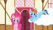 pinkie pie and rainbow dash are standing next to each other in front of a building