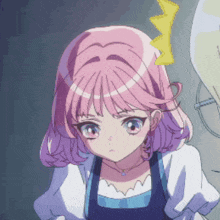 a girl with pink hair and blue eyes has a yellow lightning bolt on her head