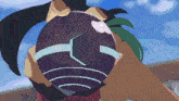 a cartoon character is holding a purple ball with a white circle on it