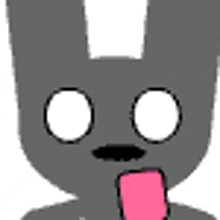 a cartoon rabbit with a pink tongue sticking out and circles in its eyes .