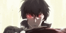 a close up of a person with red eyes holding a sword .