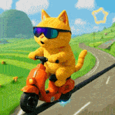 a cat wearing sunglasses is riding a toy scooter