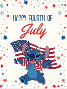 stitch is holding an american flag and says happy fourth of july