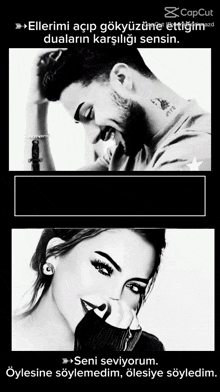 a black and white photo of a man and a woman with a caption that says " seni seviyorum "