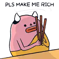 a cartoon of a devil holding sticks with the words " pls make me rich " below it