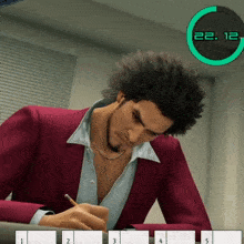 a man in a red jacket is writing on a piece of paper with numbers 1 through 5 on it