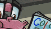a close up of a cartoon character holding a book with the word color on it