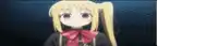 a blurred image of a girl with blonde hair and red eyes wearing a red bow tie .