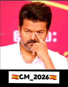 a man with a beard is covering his eye with his finger and the year 2026 is on the bottom