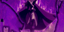 a purple background with a person in a black cape