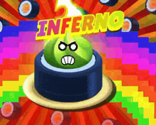 a colorful background with the word inferno and a green ball with an angry face