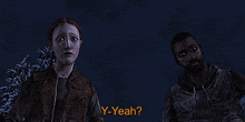 a man and a woman are standing next to each other with y-yeah written in orange