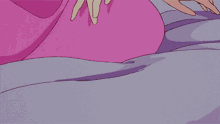 a cartoon of a woman in a pink dress laying on a bed