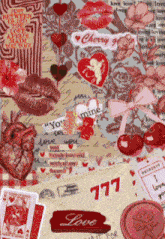 a collage of valentine 's day images including a heart and a cherry with the number 777 on it