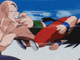 a cartoon of a man kicking another man with a blue sky in the background
