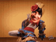 a cartoon of a woman in a costume with a rose in her hair is smiling .