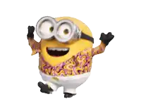 a minion wearing goggles and a colorful shirt is dancing with his arms outstretched