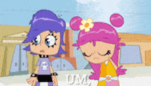 a cartoon girl with purple hair and a flower in her hair is standing next to another girl with pink hair