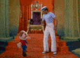a man standing next to a stuffed animal in front of a throne .