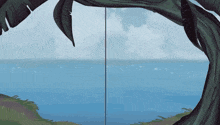 a cartoon drawing of a tree looking out over the ocean
