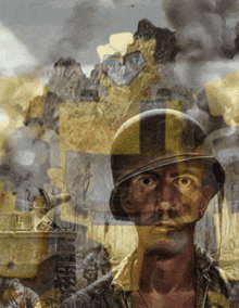 a painting of a man wearing a helmet with a cross on his face