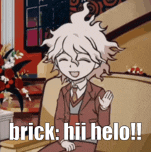 a cartoon character in a suit and tie is sitting on a couch and says brick hii helo !