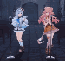 two anime girls singing into microphones in front of a brick wall