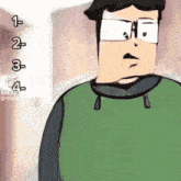 a cartoon drawing of a man with glasses and a green vest