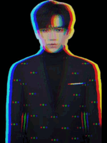 a man in a suit is surrounded by rainbow colored stripes on a black background