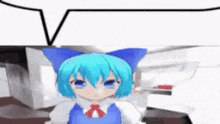 a 3d anime girl with blue hair and a cat ear is standing in front of a white speech bubble .