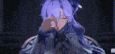 a purple haired anime girl is holding a red candy in her mouth .