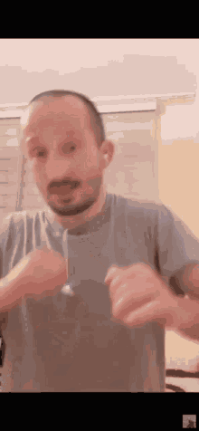 a man with a beard is wearing a grey shirt and ear buds