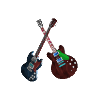 two guitars are crossed and one has a green sticker on it