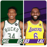 two basketball players one from the bucks and one from the lakers are smiling