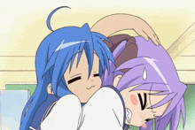 a girl with blue hair and purple hair is hugging another girl with purple hair