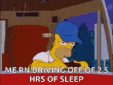 homer simpson is wearing a blue hat and sitting in a chair .