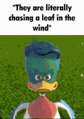 a picture of a duck with the words " they are literally chasing a leaf in the wind " on it