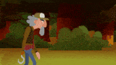 a cartoon of a man with a beard and a hat walking through a forest