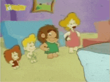 a group of cartoon characters are standing next to each other in a living room with a nickelodeon logo in the corner