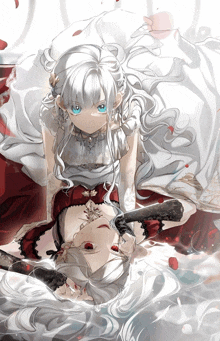 a girl with white hair and blue eyes laying down