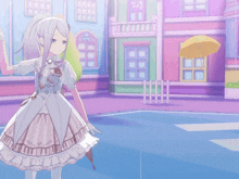 a girl in a white dress stands next to another girl in a pink dress holding an umbrella