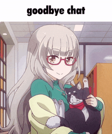 a picture of a girl holding a cat with the words goodbye chat below her