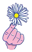 a pink hand is holding a daisy with a yellow center