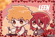 a cartoon of a boy and a girl with the word leen on the top