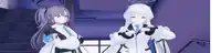 two anime characters are standing next to each other in a room .
