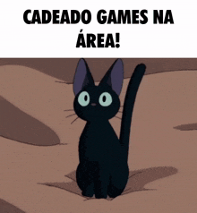 a black cat is sitting on a bed with the words cadeado games na area written above it